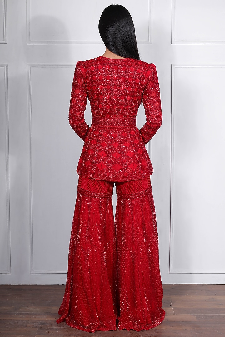 Red Crepe Silk & Net Hand Embroidered Bridal Sharara Set by Ritika Mirchandani at Pernia's Pop Up Shop