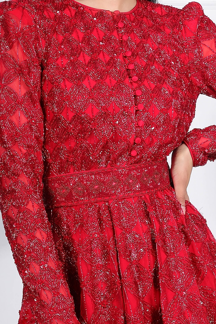 Red Crepe Silk & Net Hand Embroidered Bridal Sharara Set by Ritika Mirchandani at Pernia's Pop Up Shop