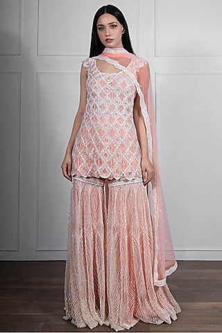 Ivory & Peach Hand Embroidered Sharara Set by Ritika Mirchandani