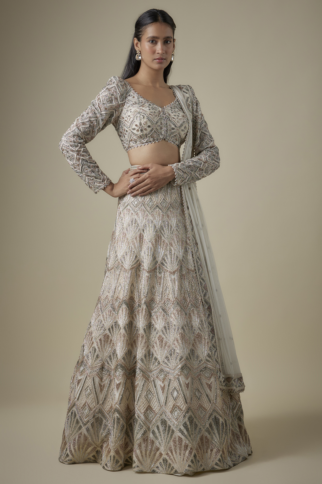 Ivory Crepe & Net Thread Embellished Bridal Lehenga Set by Ritika Mirchandani at Pernia's Pop Up Shop