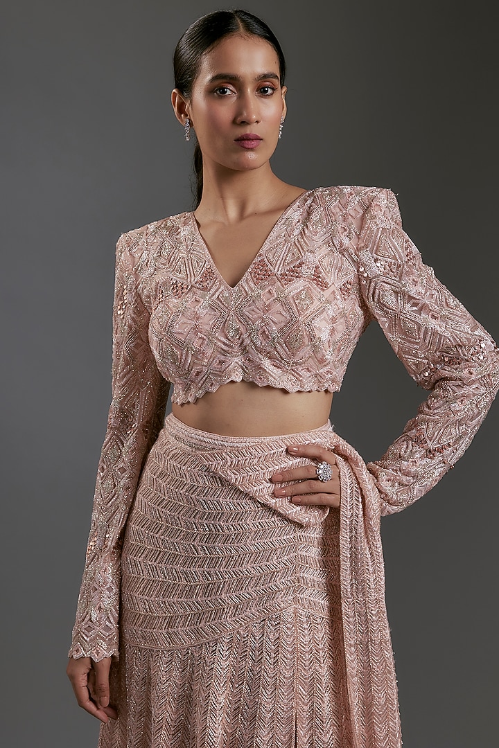 Blush Pink Net & Double Georgette Embroidered Pre-Constructed Sare Set by Ritika Mirchandani at Pernia's Pop Up Shop