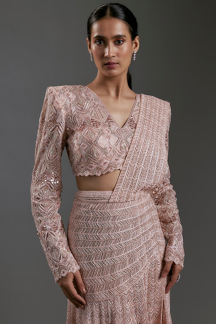 Blush Pink Net & Double Georgette Embroidered Pre-Constructed Sare Set by Ritika Mirchandani at Pernia's Pop Up Shop