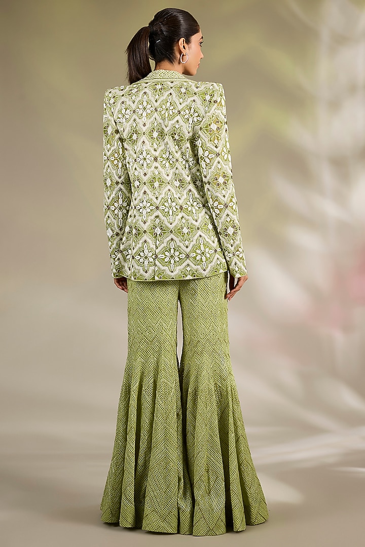 Arctic Lime Double Georgette Thread Embroidered Jacket Set by Ritika Mirchandani at Pernia's Pop Up Shop