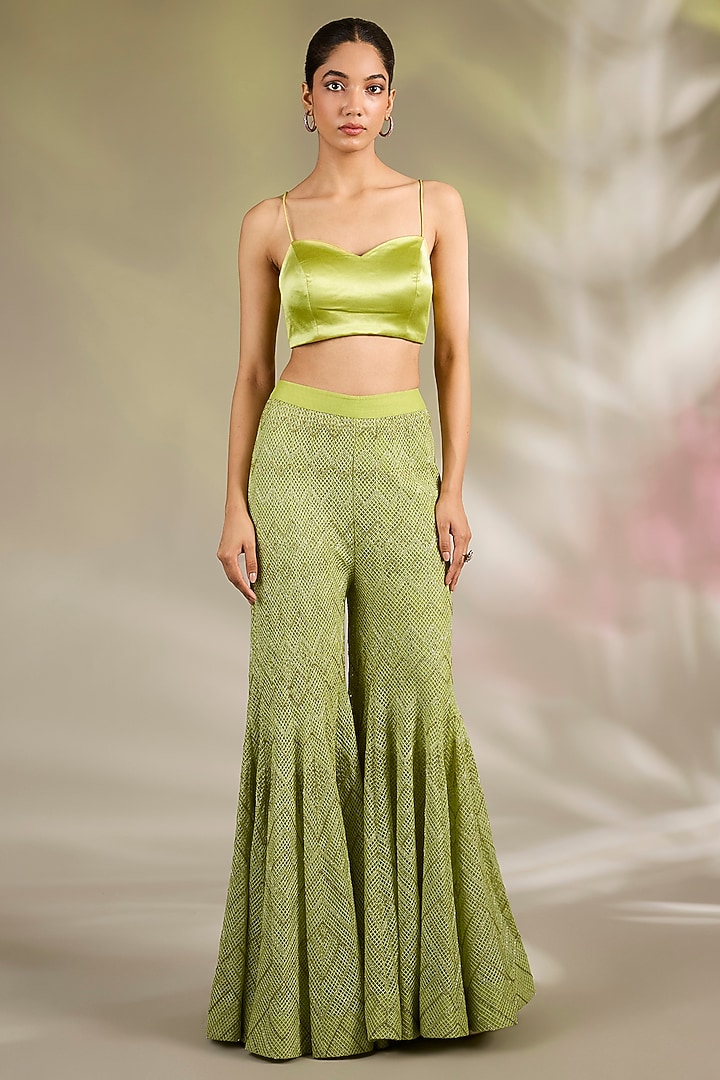 Arctic Lime Double Georgette Thread Embroidered Jacket Set by Ritika Mirchandani at Pernia's Pop Up Shop