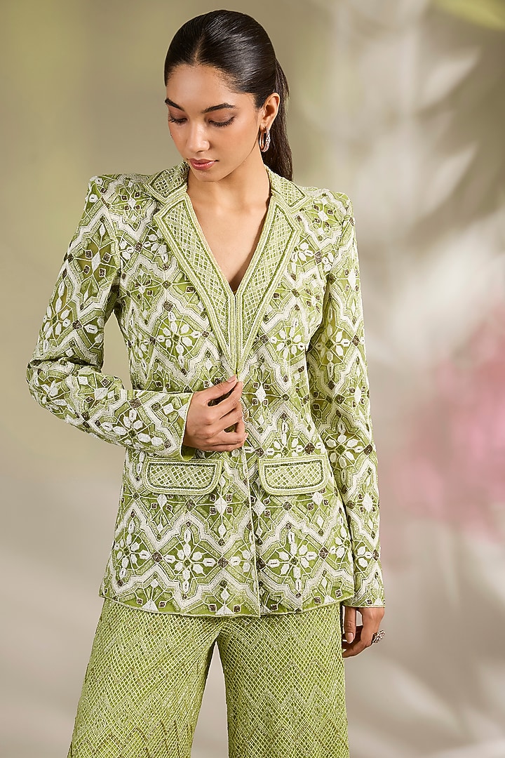 Arctic Lime Double Georgette Thread Embroidered Jacket Set by Ritika Mirchandani at Pernia's Pop Up Shop