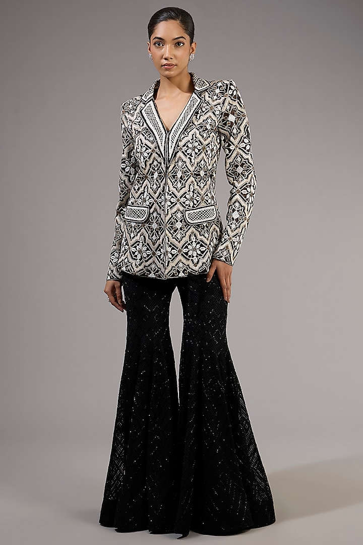 Black Crepe & Double Georgette Embroidered Blazer Set by Ritika Mirchandani at Pernia's Pop Up Shop