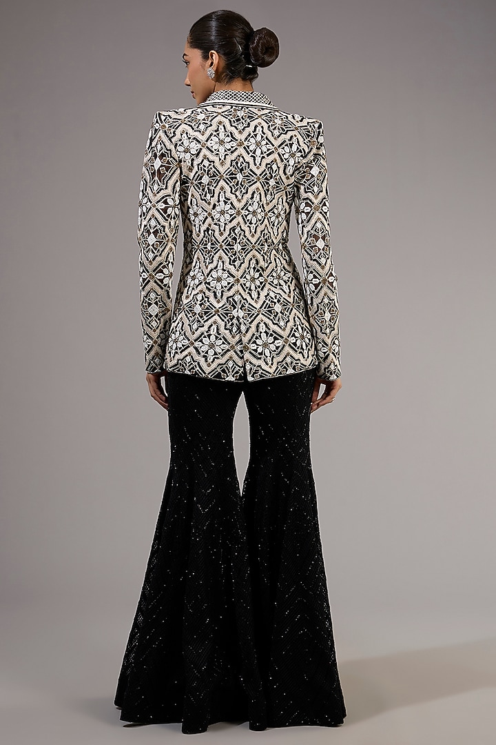 Black Crepe & Double Georgette Embroidered Blazer Set by Ritika Mirchandani at Pernia's Pop Up Shop