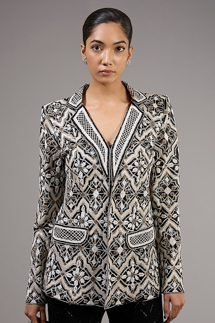 Black Crepe & Double Georgette Embroidered Blazer Set by Ritika Mirchandani at Pernia's Pop Up Shop
