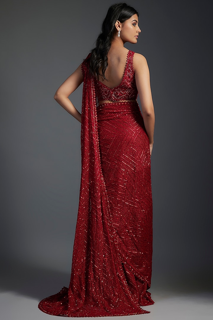 Red Crepe & Double Georgette Thread Embroidered Bridal Saree Set by Ritika Mirchandani at Pernia's Pop Up Shop