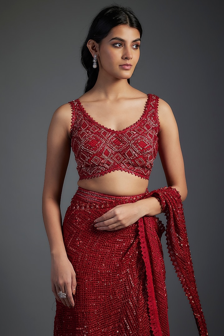Red Crepe & Double Georgette Thread Embroidered Bridal Saree Set by Ritika Mirchandani at Pernia's Pop Up Shop