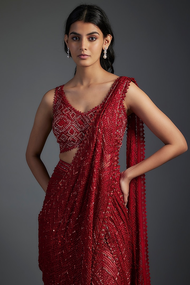 Red Crepe & Double Georgette Thread Embroidered Bridal Saree Set by Ritika Mirchandani at Pernia's Pop Up Shop