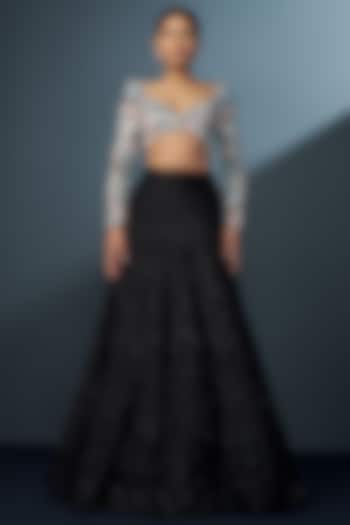 Black Double Georgette Cascade Bridal Lehenga Set by Ritika Mirchandani at Pernia's Pop Up Shop