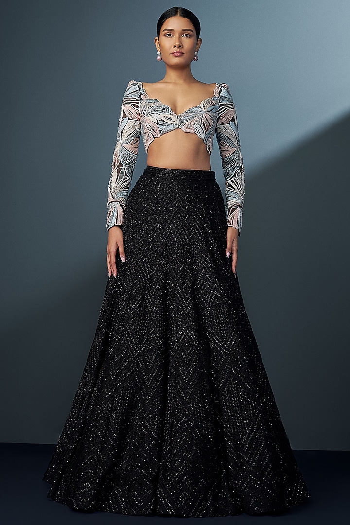 Black Double Georgette Cascade Bridal Lehenga Set by Ritika Mirchandani at Pernia's Pop Up Shop