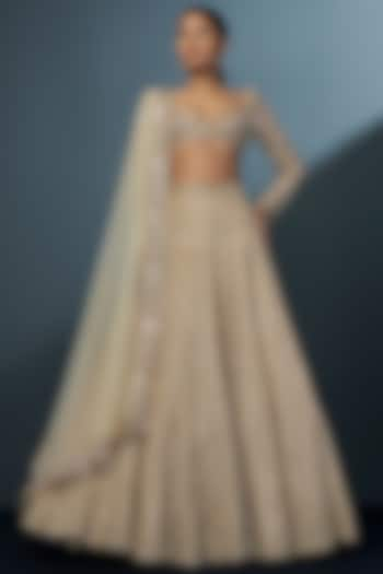 Gold Double Georgette Cascade Bridal Lehenga Set by Ritika Mirchandani at Pernia's Pop Up Shop