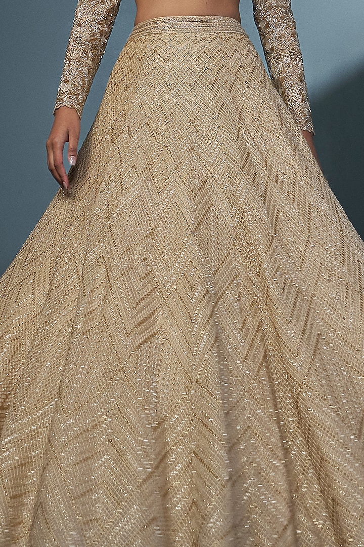 Gold Double Georgette Cascade Bridal Lehenga Set by Ritika Mirchandani at Pernia's Pop Up Shop