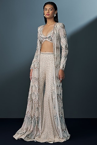 Ivory Double Georgette Bugle Beads Embellished Jacket Set by Ritika Mirchandani
