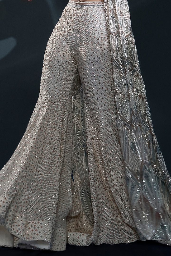 Ivory Double Georgette Bugle Beads Embellished Jacket Set by Ritika Mirchandani at Pernia's Pop Up Shop