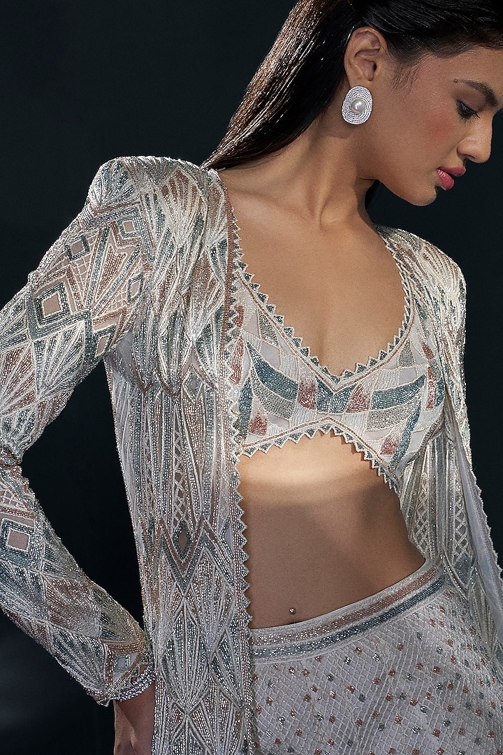 Ivory Double Georgette Bugle Beads Embellished Jacket Set by Ritika Mirchandani at Pernia's Pop Up Shop