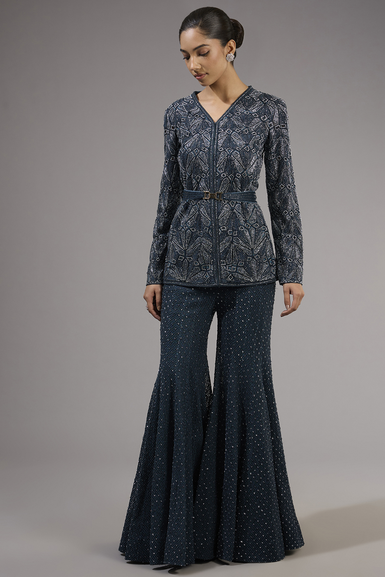 Midnight Blue Crepe & Double Georgette Bridal Sharara Set by Ritika Mirchandani at Pernia's Pop Up Shop