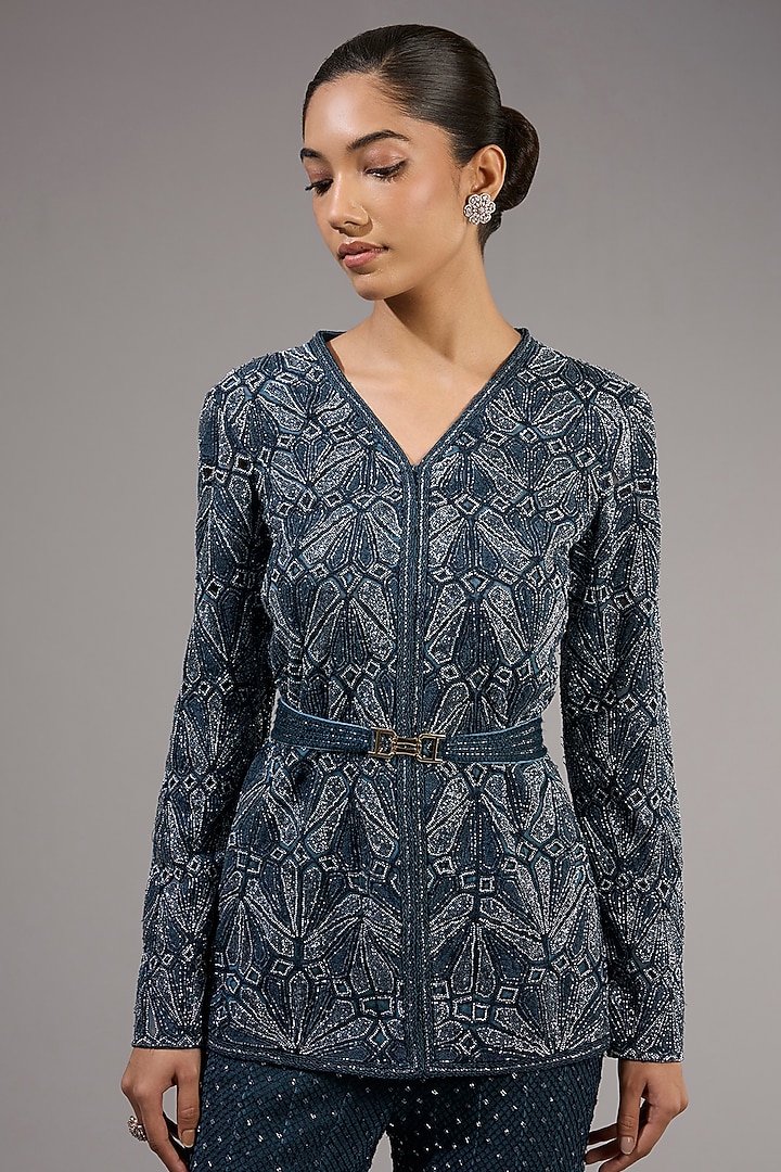 Midnight Blue Crepe & Double Georgette Bridal Sharara Set by Ritika Mirchandani at Pernia's Pop Up Shop