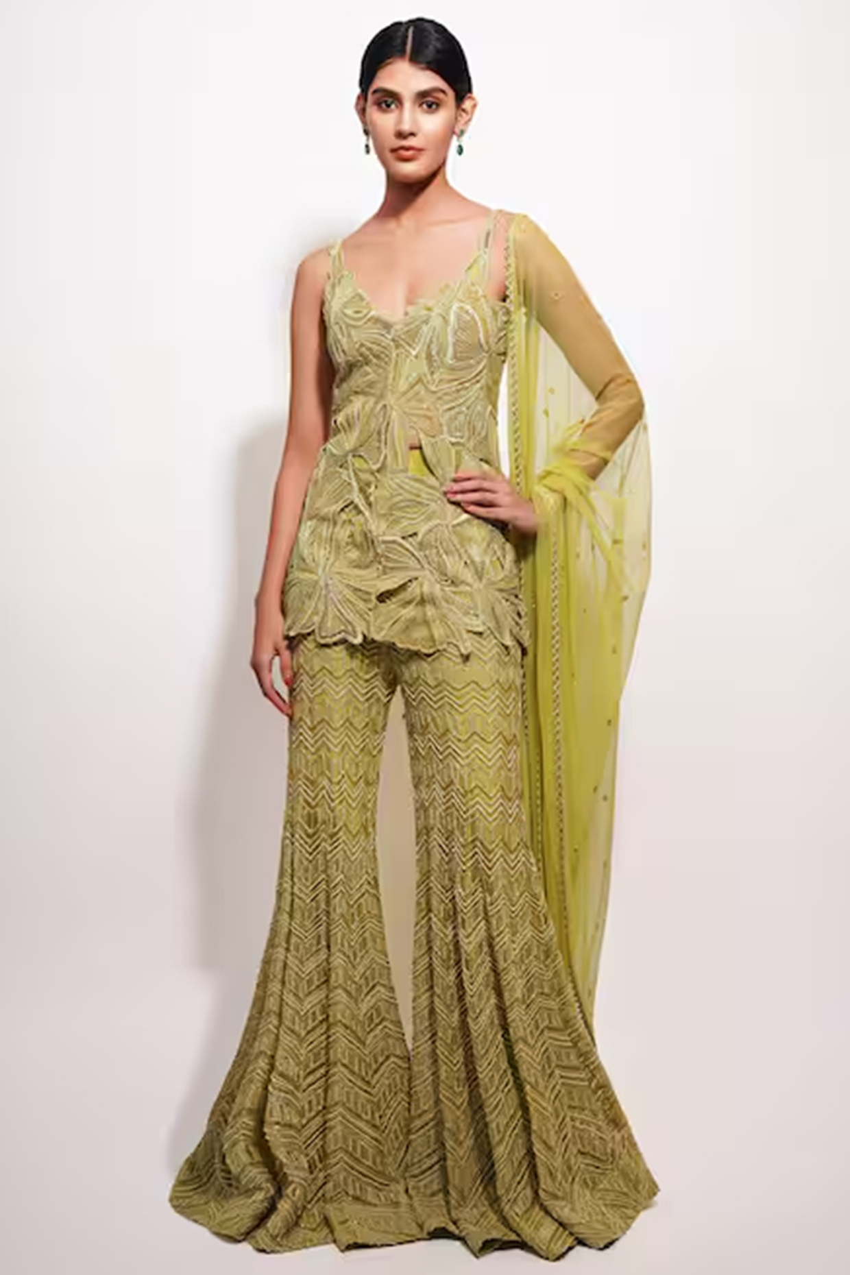 Lime Green Georgette & Crepe Embroidered Bridal Sharara Set by Ritika Mirchandani at Pernia's Pop Up Shop