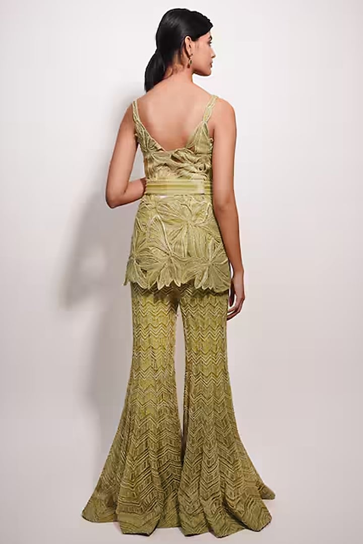 Lime Green Georgette & Crepe Embroidered Bridal Sharara Set by Ritika Mirchandani at Pernia's Pop Up Shop