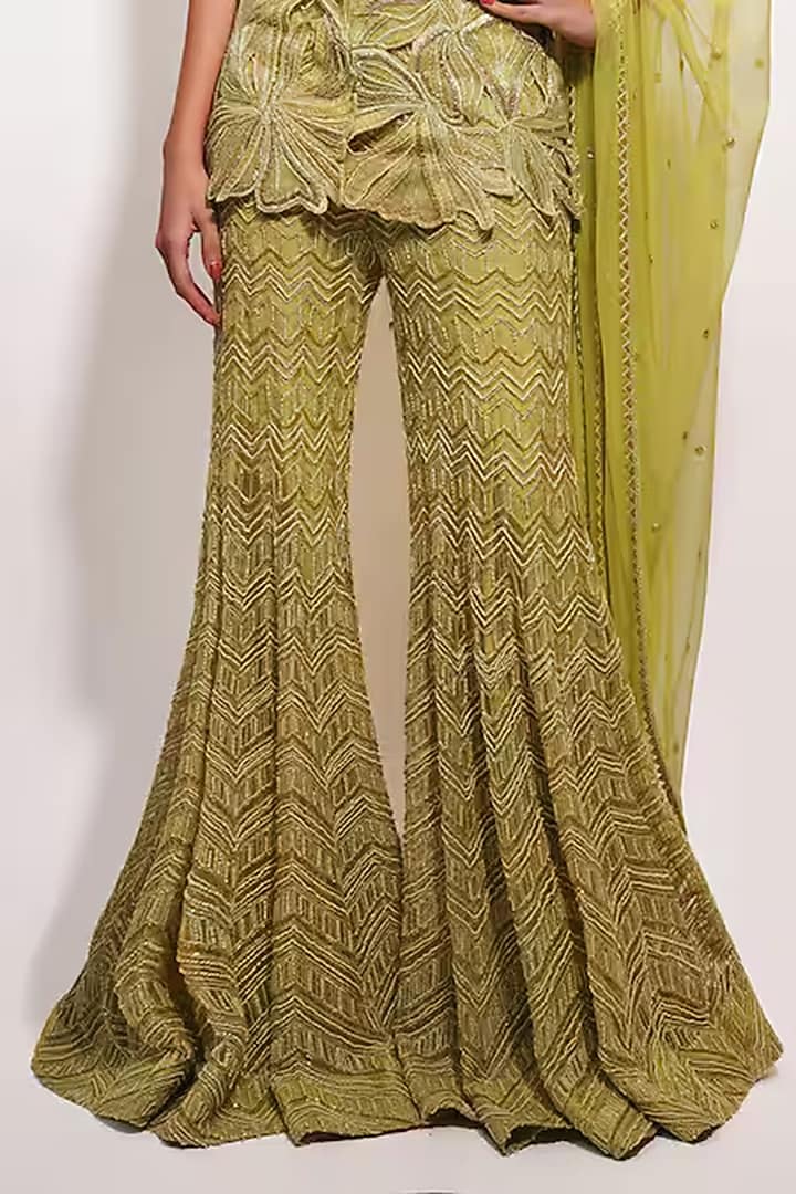 Lime Green Georgette & Crepe Embroidered Bridal Sharara Set by Ritika Mirchandani at Pernia's Pop Up Shop