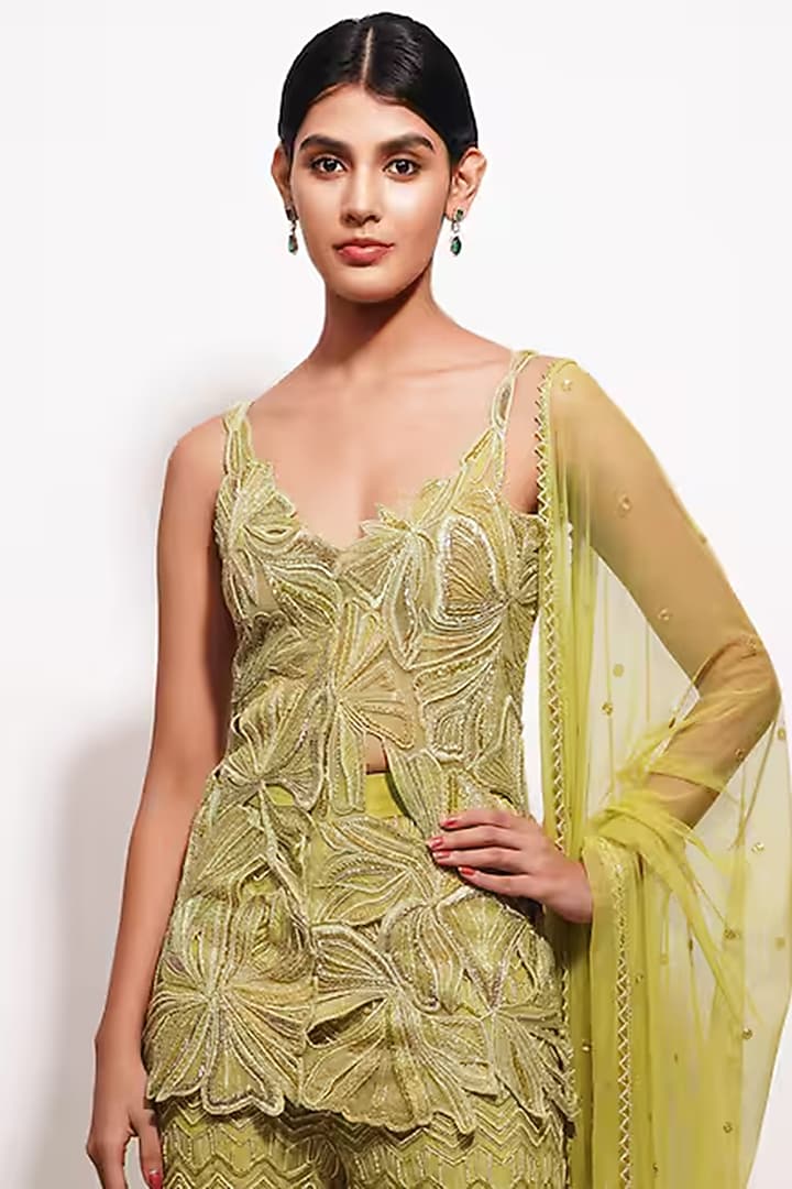 Lime Green Georgette & Crepe Embroidered Bridal Sharara Set by Ritika Mirchandani at Pernia's Pop Up Shop