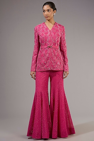 Fuchsia Crepe & Double Georgette Sharara Set by Ritika Mirchandani