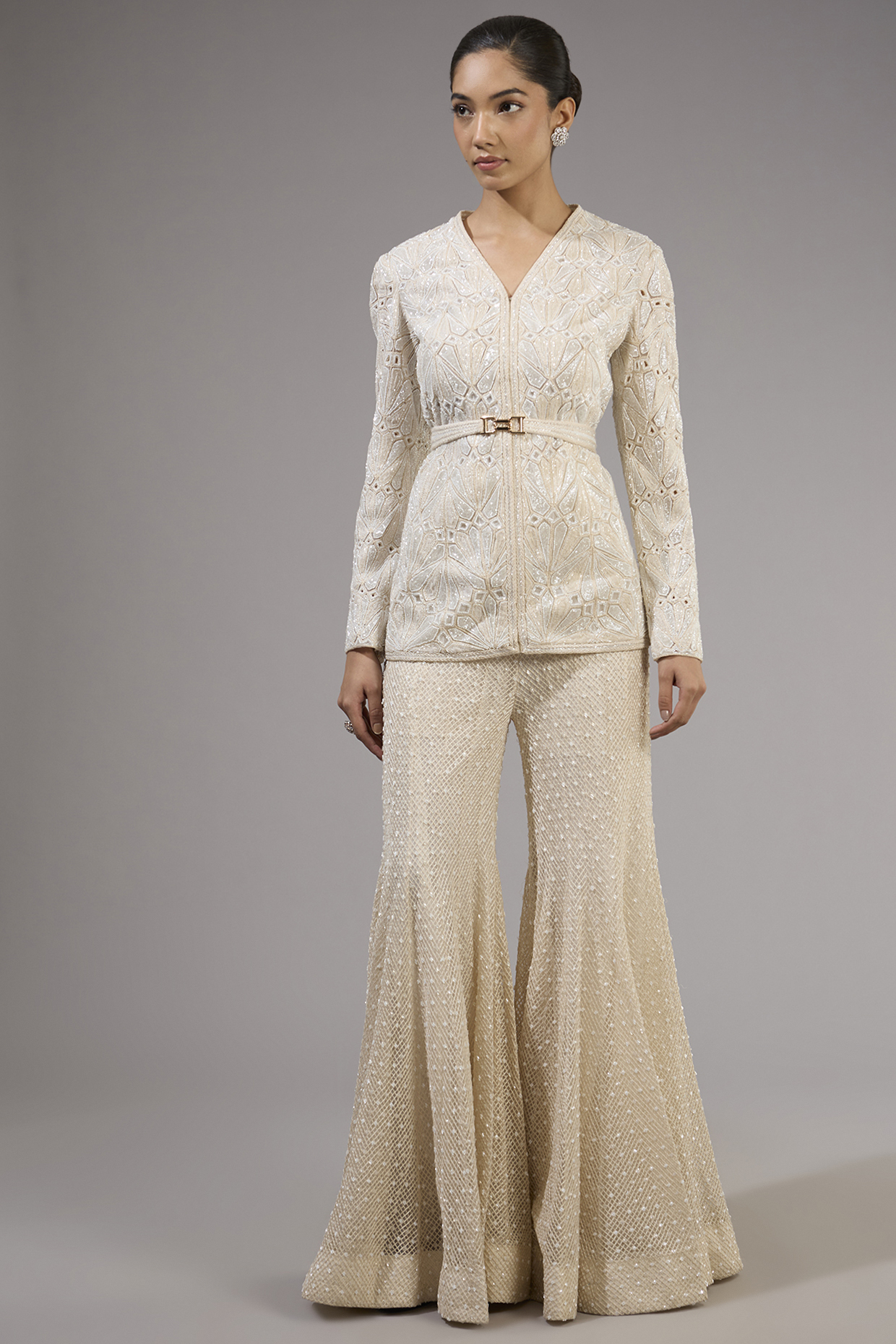 Ivory Crepe & Double Georgette Bridal Sharara Set by Ritika Mirchandani at Pernia's Pop Up Shop