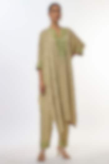 Olive Green Crepe & Double Thread Embroidered Kaftan Set by Ritika Mirchandani at Pernia's Pop Up Shop