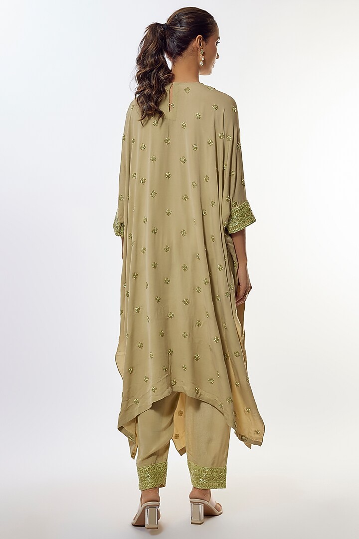 Olive Green Crepe & Double Thread Embroidered Kaftan Set by Ritika Mirchandani at Pernia's Pop Up Shop