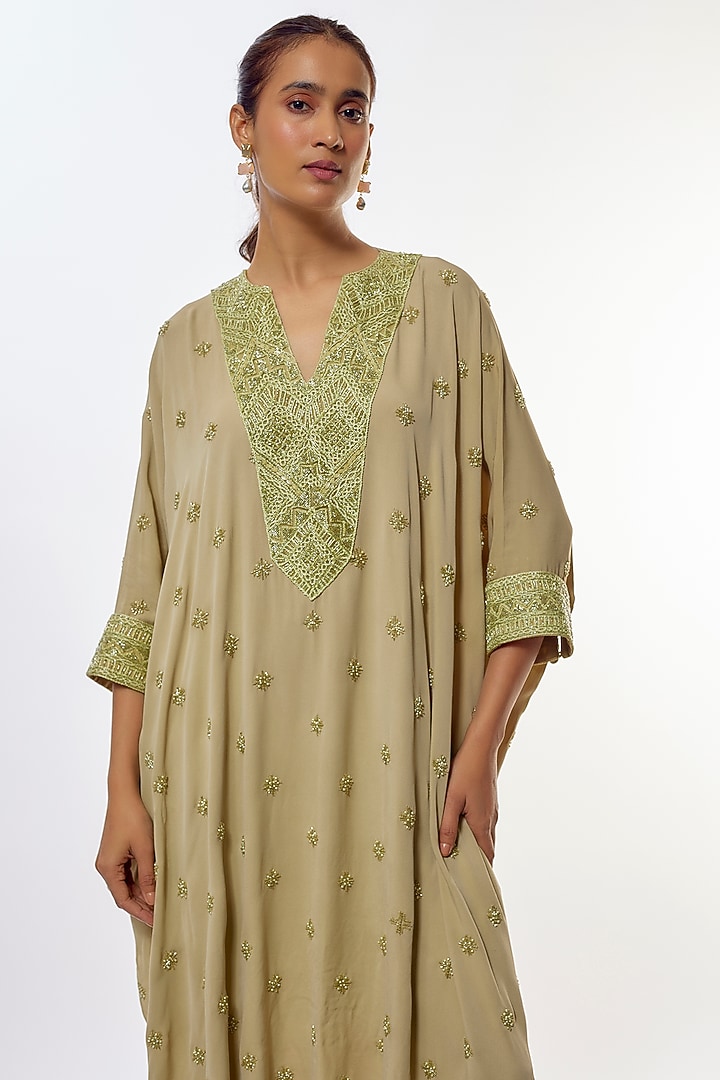 Olive Green Crepe & Double Thread Embroidered Kaftan Set by Ritika Mirchandani at Pernia's Pop Up Shop