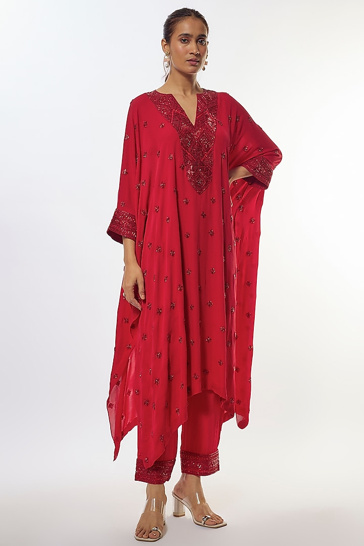 Red Crepe & Double Thread Embroidered Kaftan Set by Ritika Mirchandani at Pernia's Pop Up Shop