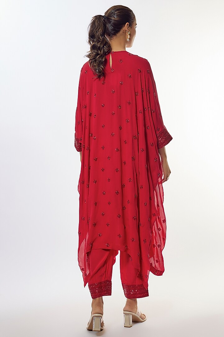Red Crepe & Double Thread Embroidered Kaftan Set by Ritika Mirchandani at Pernia's Pop Up Shop