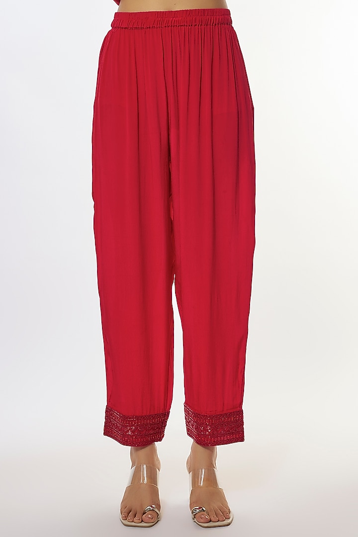 Red Crepe & Double Thread Embroidered Kaftan Set by Ritika Mirchandani at Pernia's Pop Up Shop