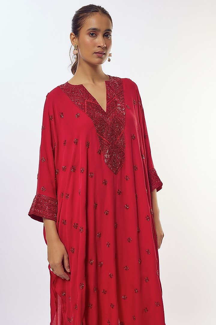 Red Crepe & Double Thread Embroidered Kaftan Set by Ritika Mirchandani at Pernia's Pop Up Shop