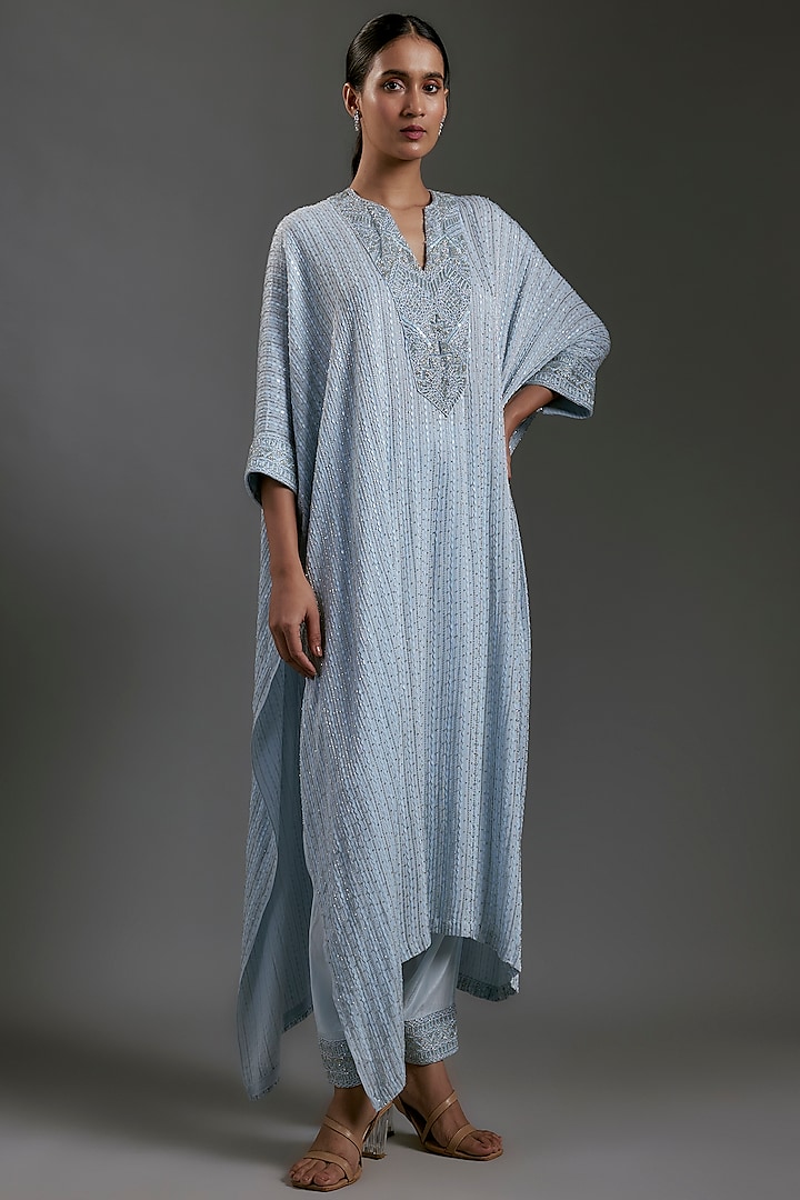 Ice Blue Crepe & Double Georgette Thread Embroidered Kaftan Set by Ritika Mirchandani at Pernia's Pop Up Shop