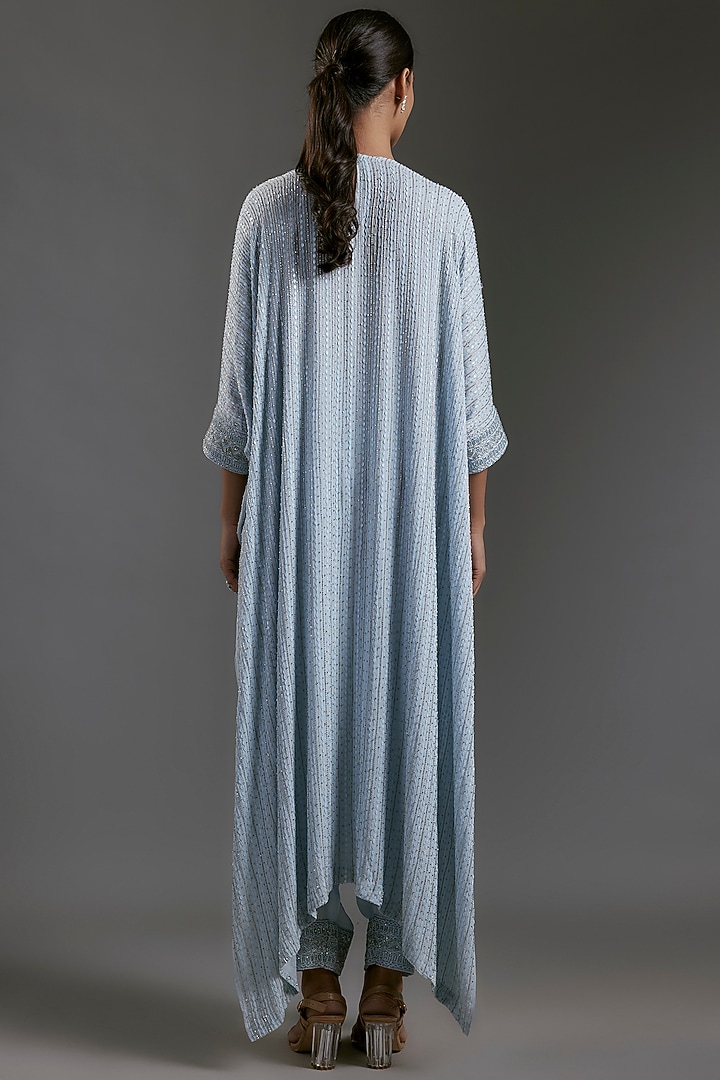 Ice Blue Crepe & Double Georgette Thread Embroidered Kaftan Set by Ritika Mirchandani at Pernia's Pop Up Shop