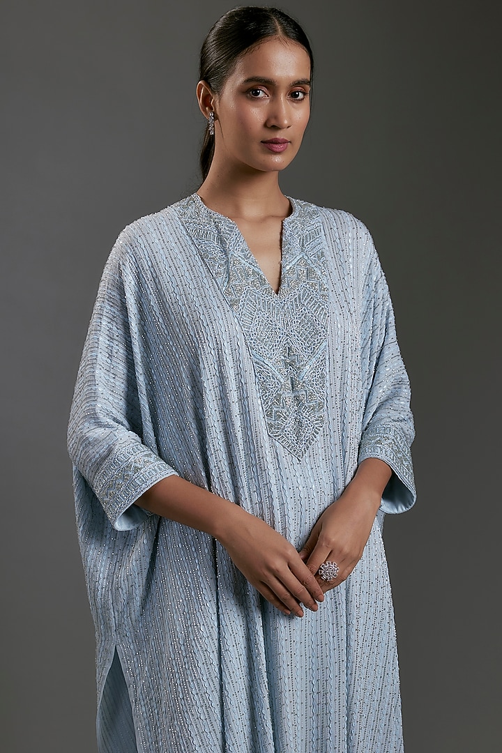 Ice Blue Crepe & Double Georgette Thread Embroidered Kaftan Set by Ritika Mirchandani at Pernia's Pop Up Shop