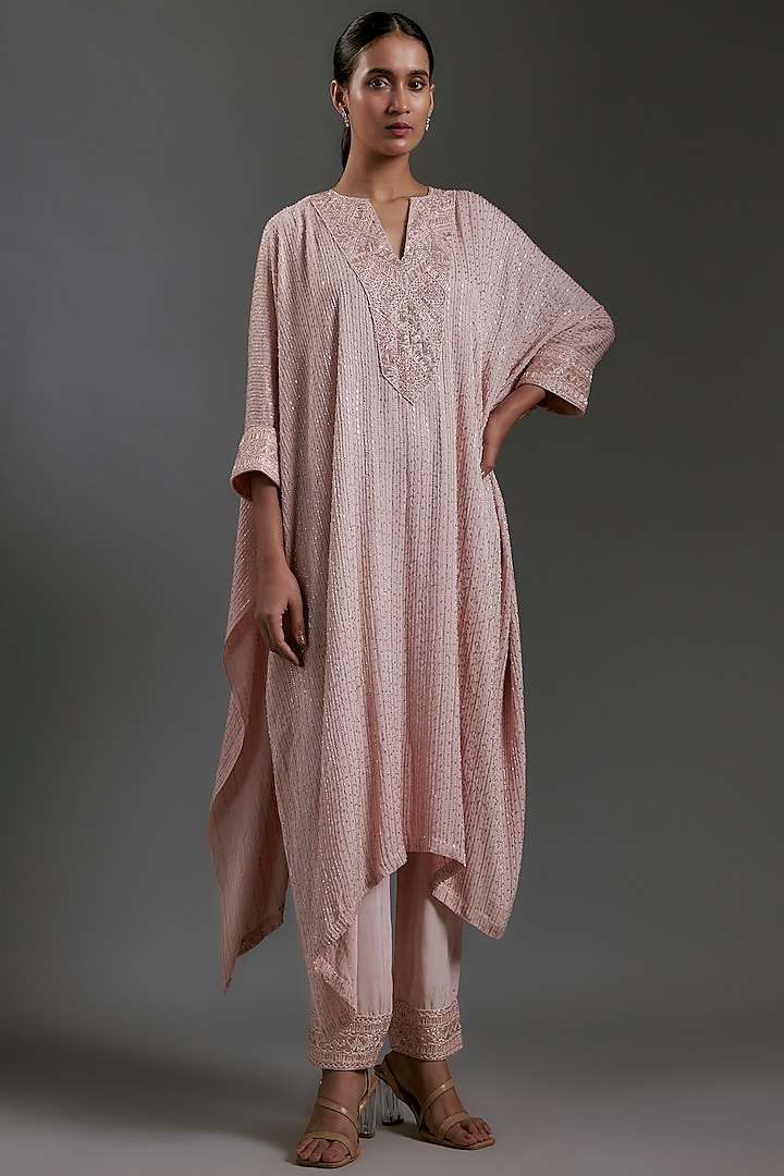 Rose Pink Crepe & Double Georgette Thread Embroidered Kaftan Set by Ritika Mirchandani at Pernia's Pop Up Shop