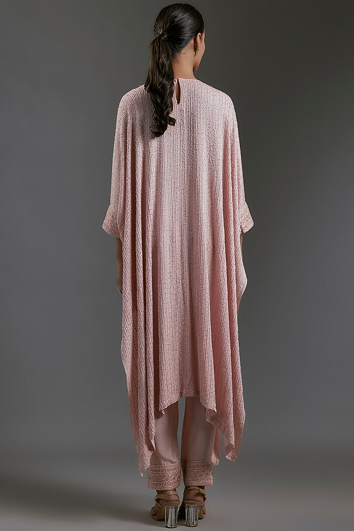 Rose Pink Crepe & Double Georgette Thread Embroidered Kaftan Set by Ritika Mirchandani at Pernia's Pop Up Shop