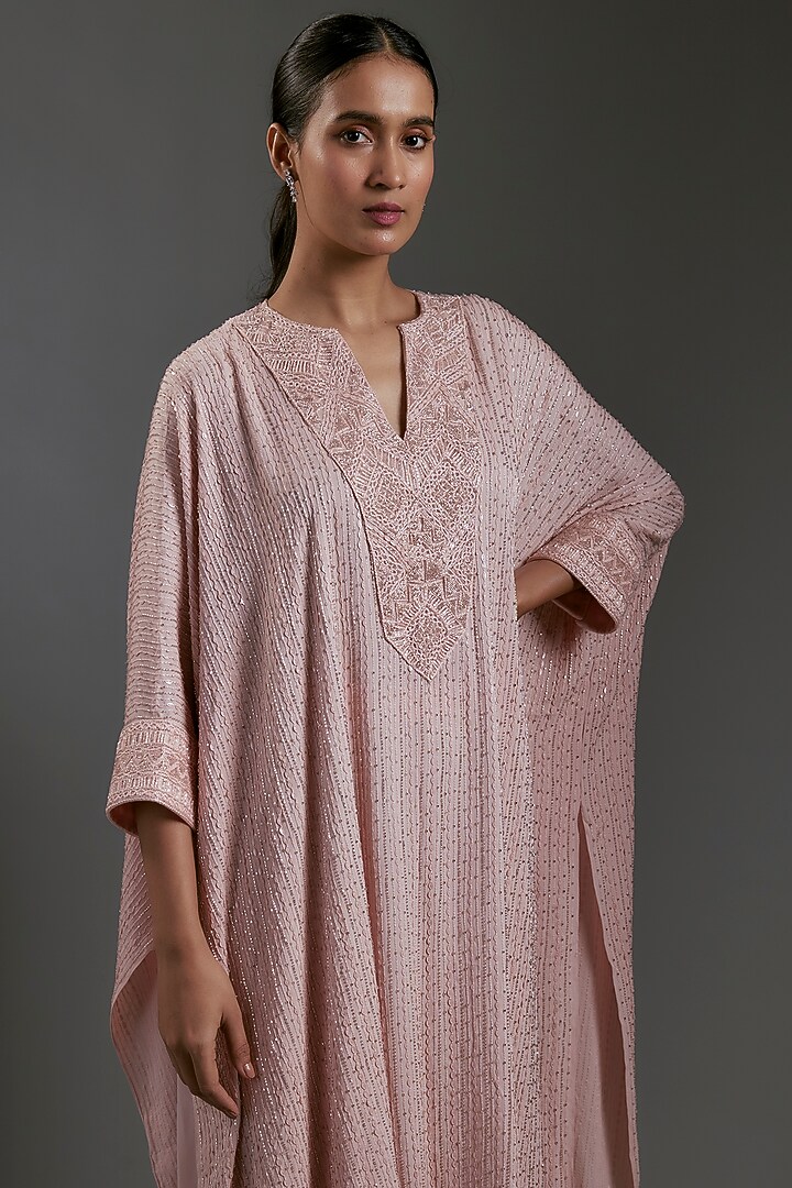 Rose Pink Crepe & Double Georgette Thread Embroidered Kaftan Set by Ritika Mirchandani at Pernia's Pop Up Shop