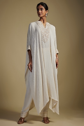 Ivory Crepe & Net Crystal Bugle Embroidered Kaftan Set by Ritika Mirchandani