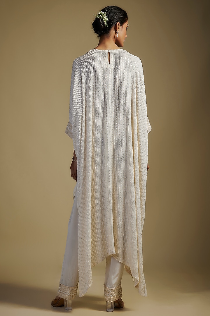 Ivory Crepe & Net Crystal Bugle Embroidered Kaftan Set by Ritika Mirchandani at Pernia's Pop Up Shop