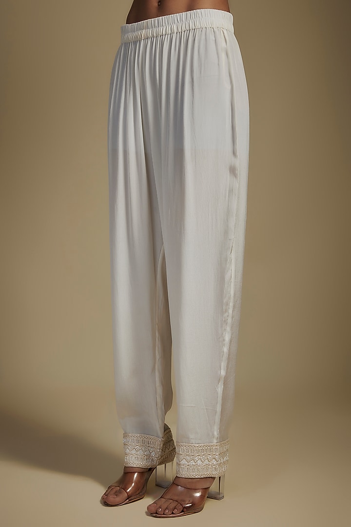 Ivory Crepe & Net Crystal Bugle Embroidered Kaftan Set by Ritika Mirchandani at Pernia's Pop Up Shop