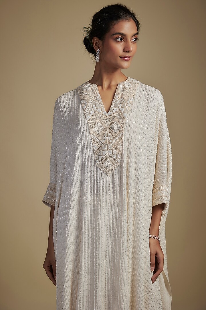 Ivory Crepe & Net Crystal Bugle Embroidered Kaftan Set by Ritika Mirchandani at Pernia's Pop Up Shop
