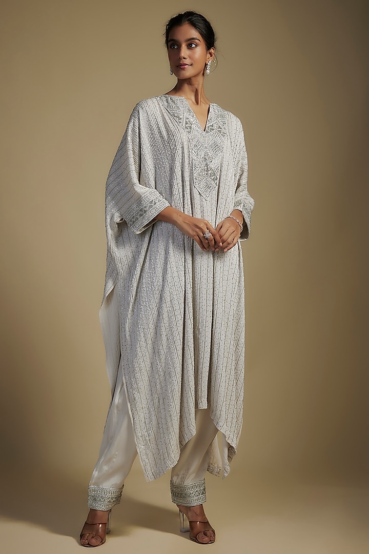 Silver Grey Crepe & Net Crystal Bugle Embroidered Kaftan Set by Ritika Mirchandani at Pernia's Pop Up Shop