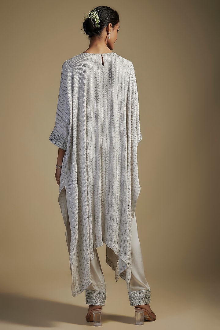 Silver Grey Crepe & Net Crystal Bugle Embroidered Kaftan Set by Ritika Mirchandani at Pernia's Pop Up Shop
