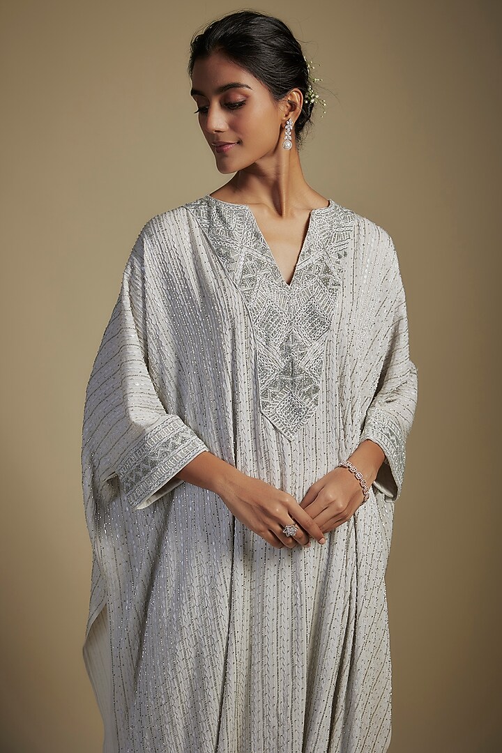 Silver Grey Crepe & Net Crystal Bugle Embroidered Kaftan Set by Ritika Mirchandani at Pernia's Pop Up Shop